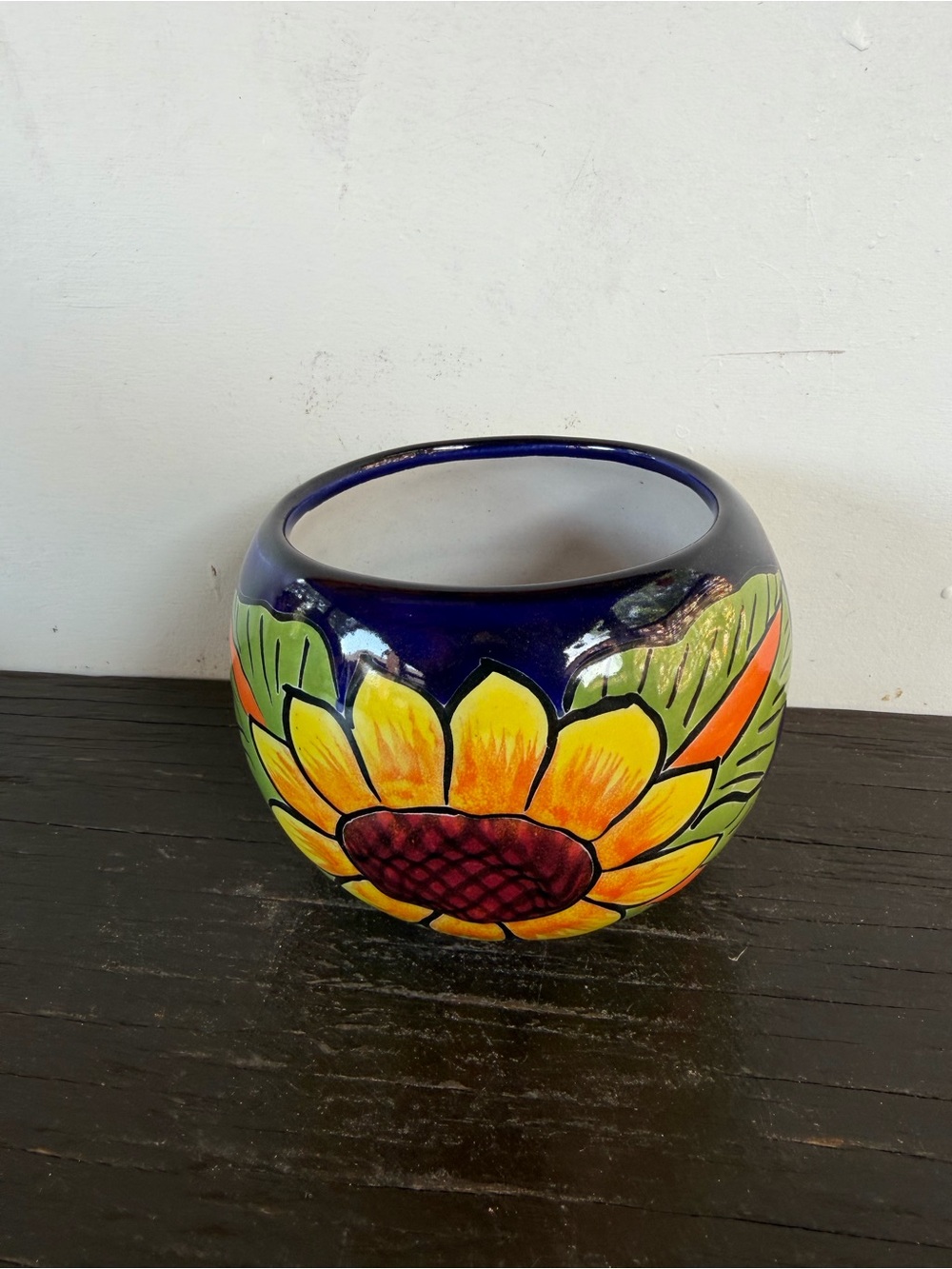 Hand-Painted Sunflower Ceramic Planter - Blue and Yellow